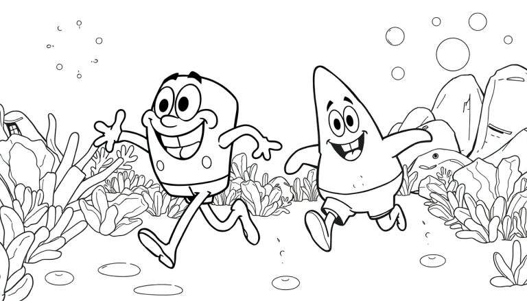 Bob Esponja e Patrick correndo lado a lado em um desenho em preto e branco, com plantas marinhas e bolhas ao redor.