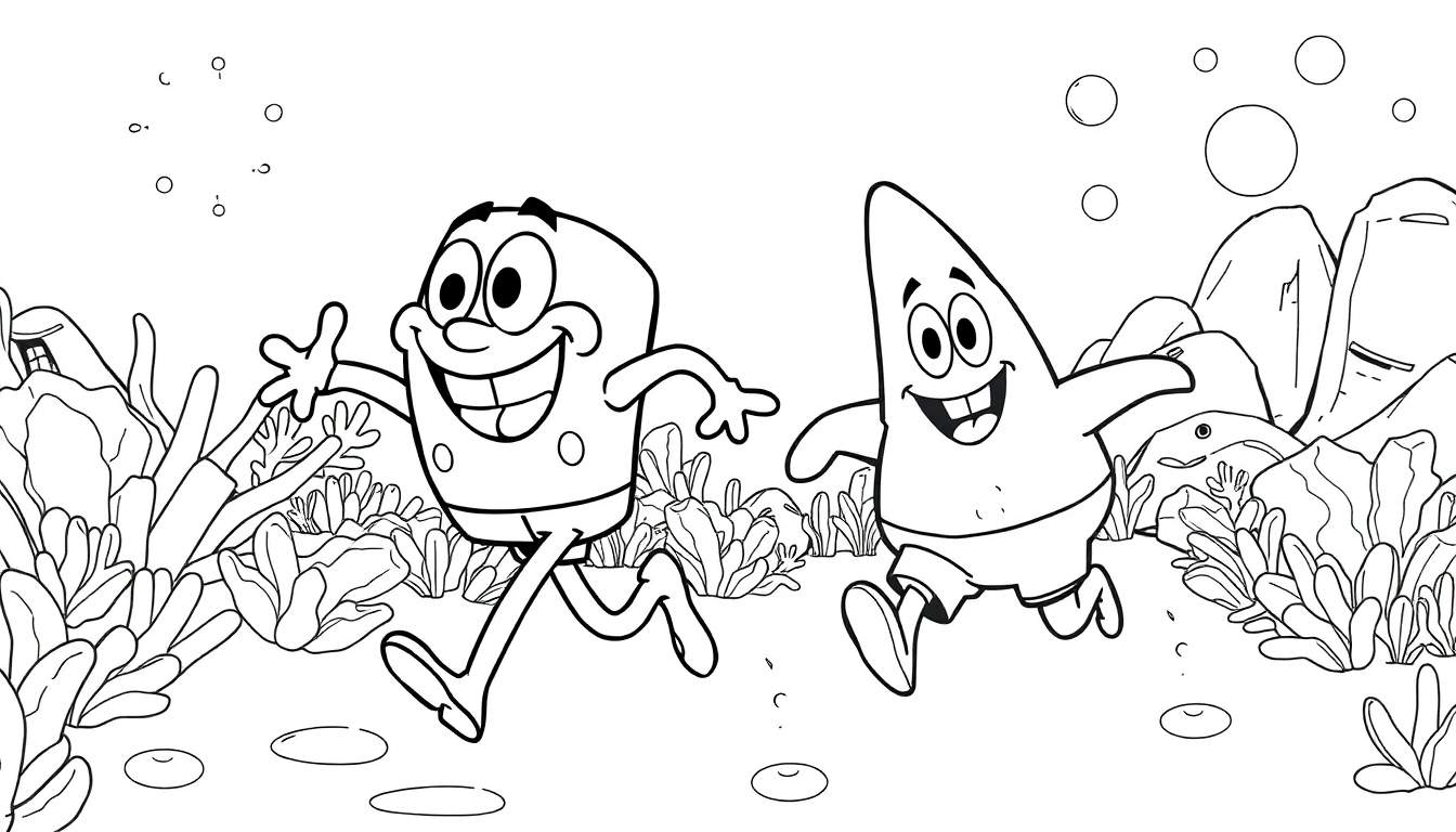 Bob Esponja e Patrick correndo lado a lado em um desenho em preto e branco, com plantas marinhas e bolhas ao redor.