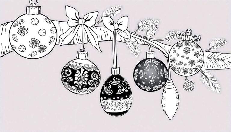 Um desenho preto e branco de enfeites de Natal pendurados em um galho com um color panel.
