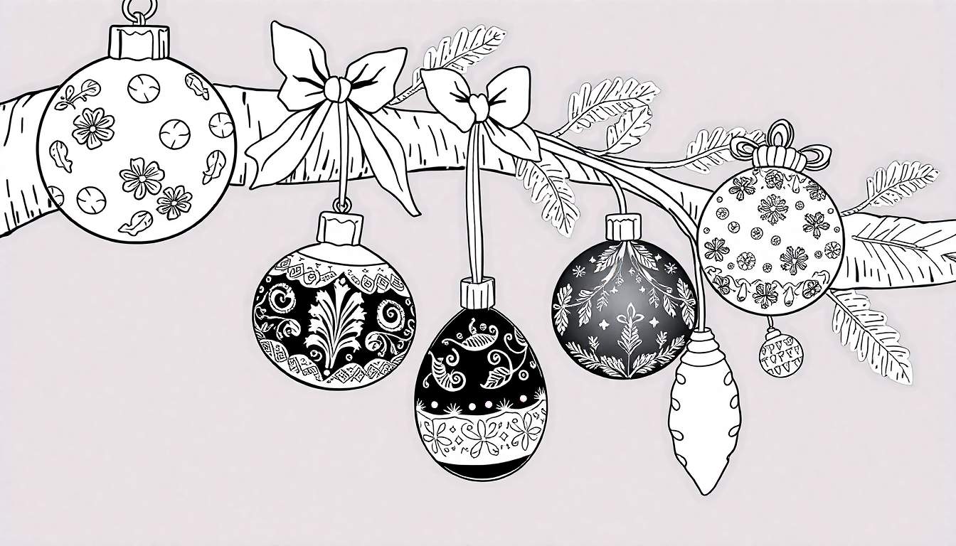Um desenho preto e branco de enfeites de Natal pendurados em um galho com um color panel.