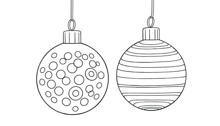 Duas bolas de Natal, uma com círculos e outra com listras, penduradas em fios contra um fundo branco. O topo de cada bola tem um enfeite dourado.