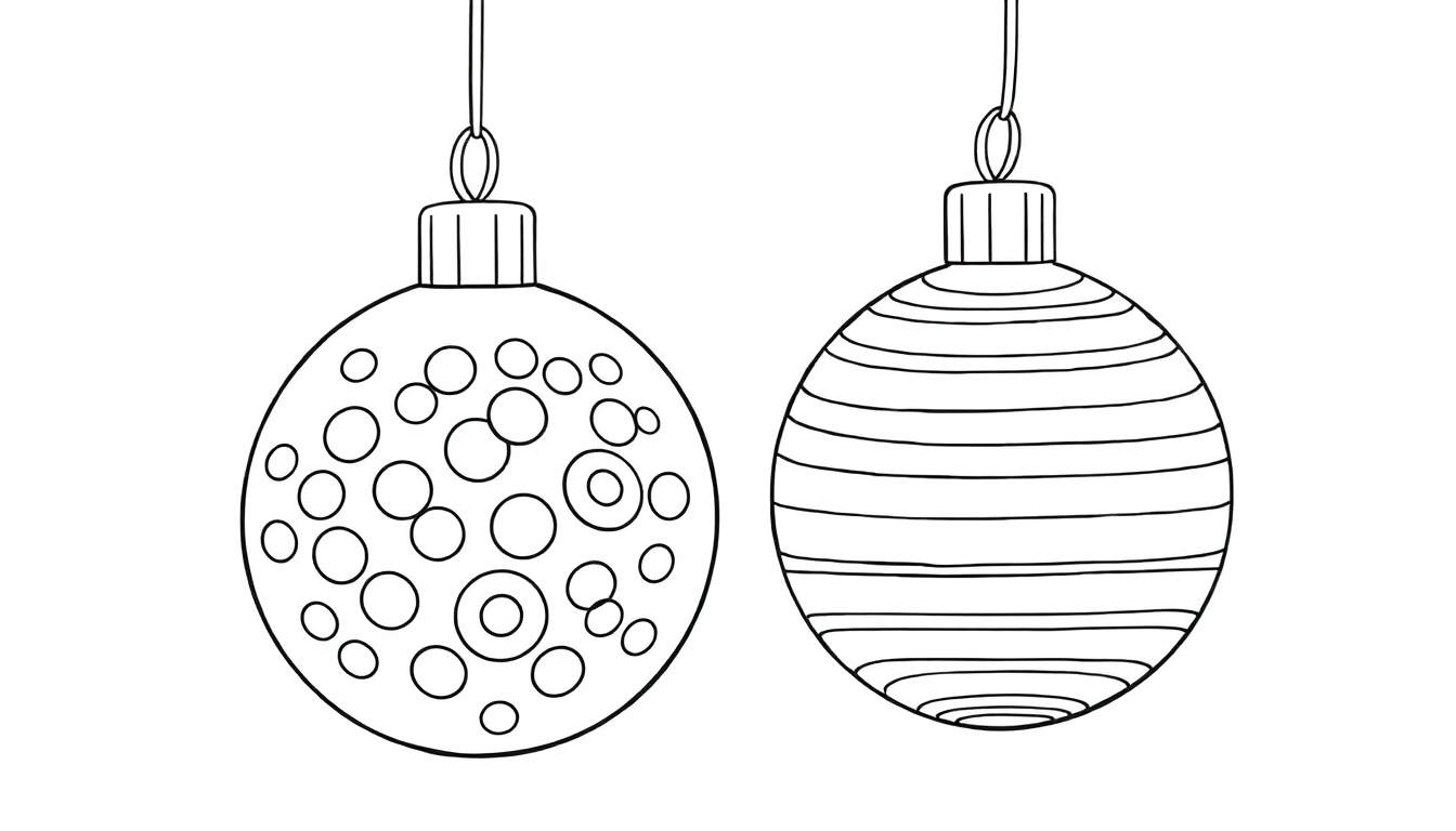 Duas bolas de Natal, uma com círculos e outra com listras, penduradas em fios contra um fundo branco. O topo de cada bola tem um enfeite dourado.