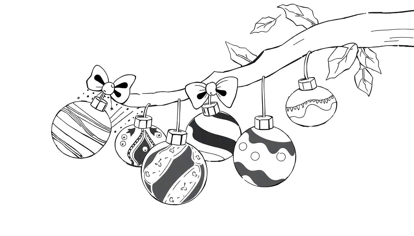 Um galho de árvore com enfeites de Natal pendurados, com folhas pontiagudas e laços em alguns enfeites. color panel