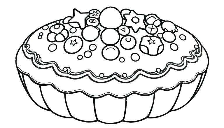 Desenho em preto e branco de um bolo decorado com frutas e estrelas, perfeito para colorir.