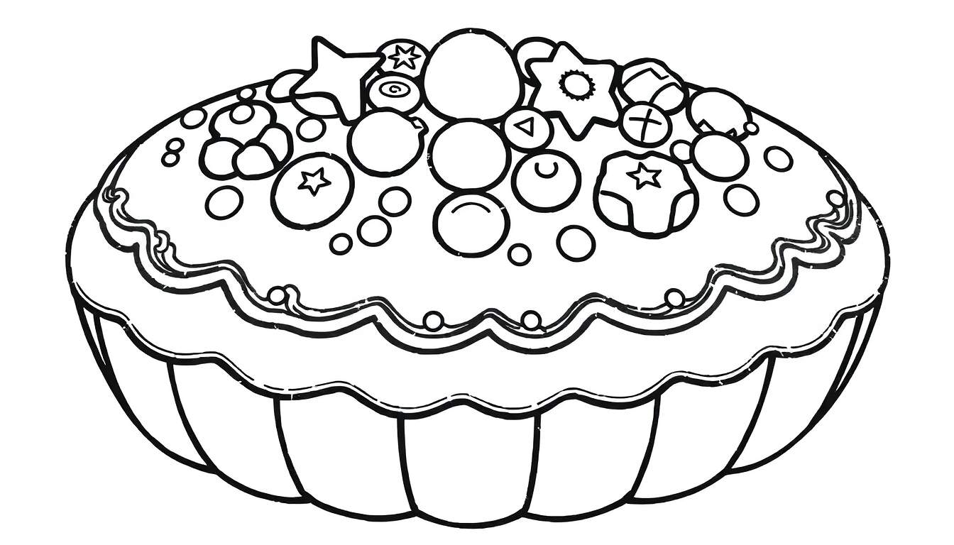 Desenho em preto e branco de um bolo decorado com frutas e estrelas, perfeito para colorir.