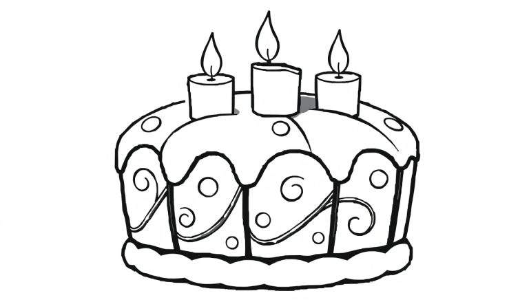 Desenho em preto e branco de um bolo de aniversário com três velas acesas, espirais e círculos, pronto para ser colorido. Inclui a palavra 'color panel'.
