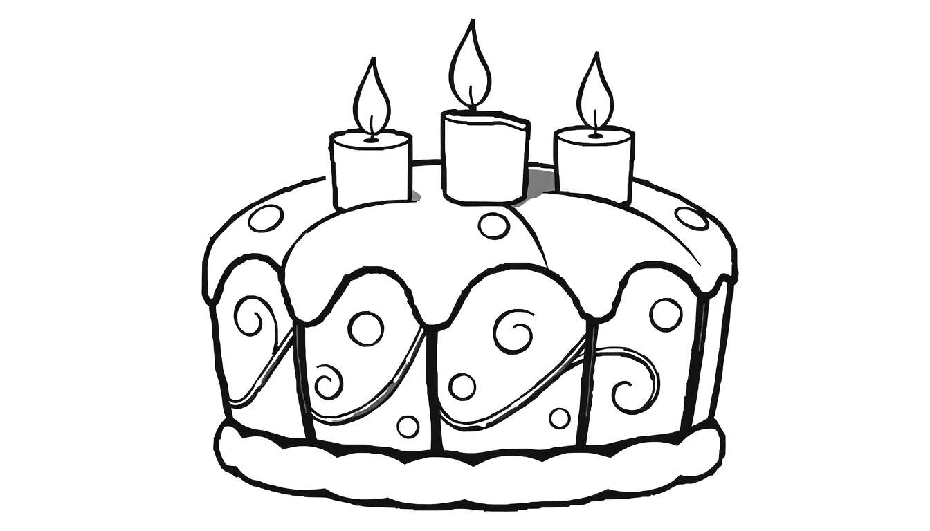 Desenho em preto e branco de um bolo de aniversário com três velas acesas, espirais e círculos, pronto para ser colorido. Inclui a palavra 'color panel'.