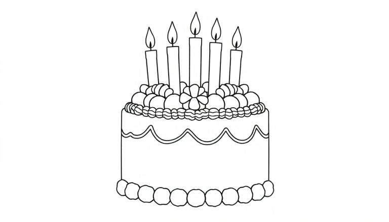 Desenho de um bolo de aniversário de dois andares em preto e branco com cinco velas acesas no topo, decorado com esferas e bordas onduladas. Inclui a palavra «color panel».