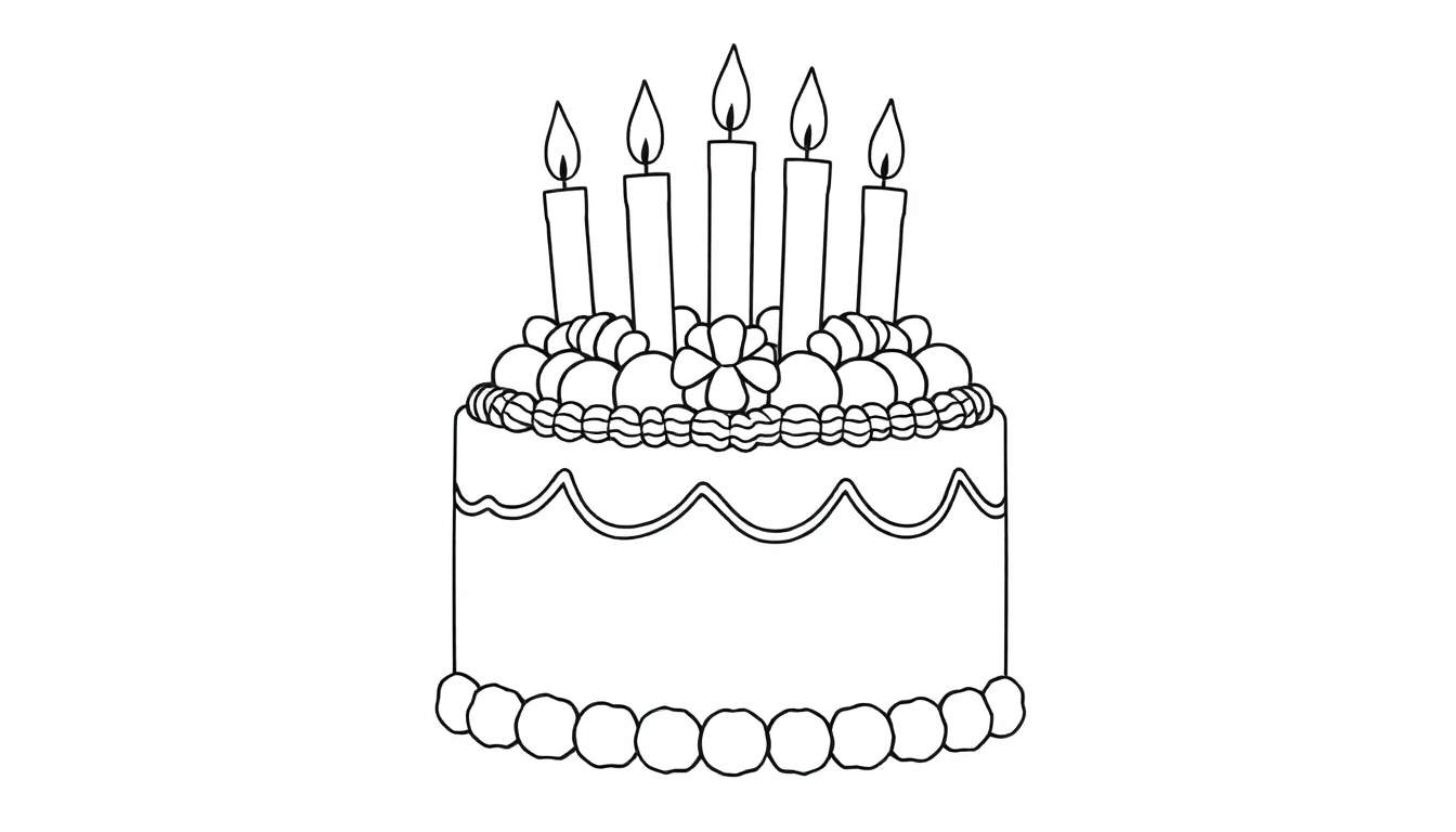 Desenho de um bolo de aniversário de dois andares em preto e branco com cinco velas acesas no topo, decorado com esferas e bordas onduladas. Inclui a palavra «color panel».