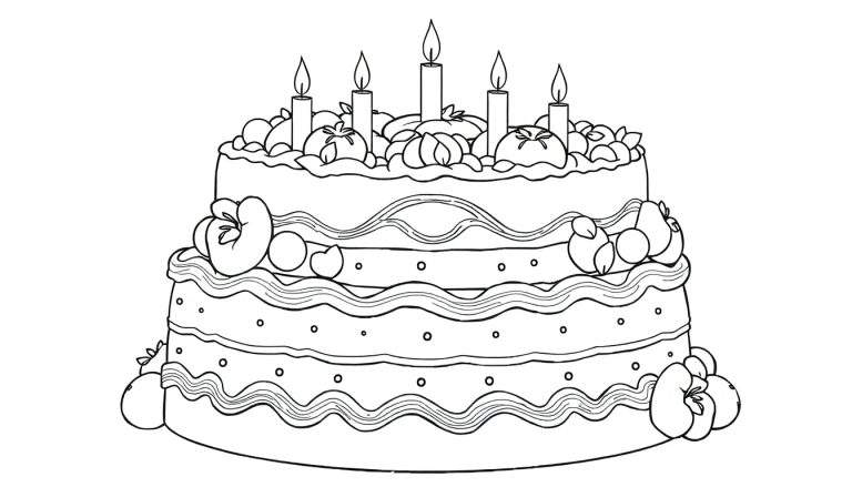 Desenho em color panel de um bolo de aniversário com duas camadas, frutas e cinco velas acesas.
