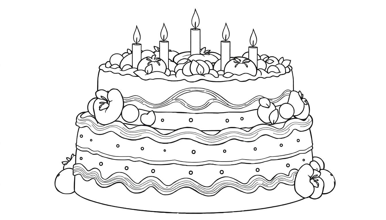 Desenho em color panel de um bolo de aniversário com duas camadas, frutas e cinco velas acesas.