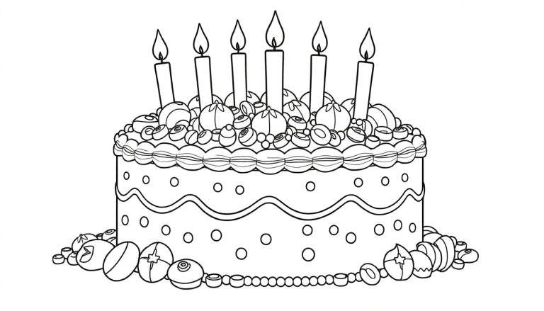Um bolo de aniversário em preto e branco, pronto para colorir, com cinco velas acesas no topo e decorado com bolas e contas.