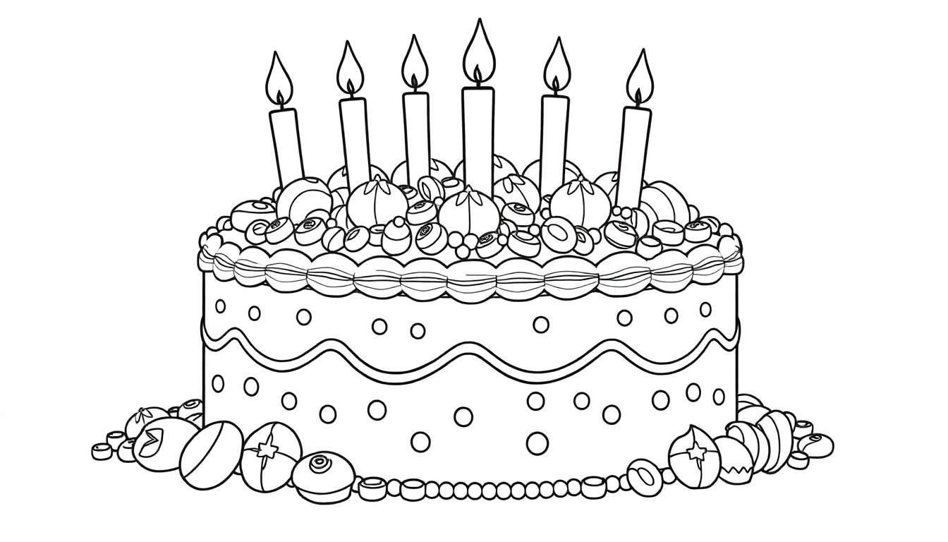 Um bolo de aniversário em preto e branco, pronto para colorir, com cinco velas acesas no topo e decorado com bolas e contas.