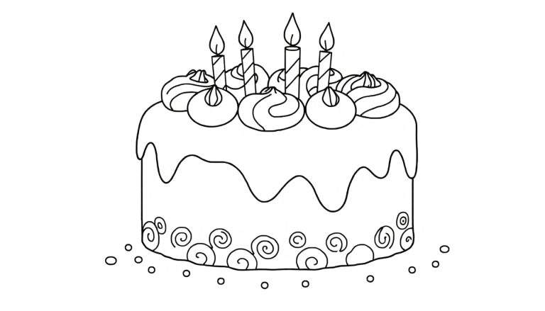 Desenho a preto e branco de um bolo redondo de aniversário com quatro velas acesas e cobertura escorrendo pelas laterais, decorado com espirais e pontos. color panel.
