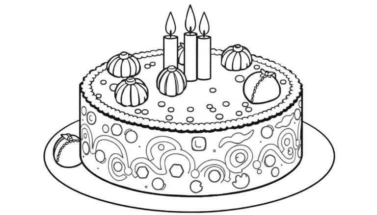 Desenho de bolo de aniversário redondo com três velas acesas, decorado com círculos e frutinhas, em um color panel.