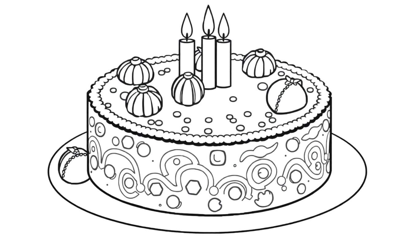 Desenho de bolo de aniversário redondo com três velas acesas, decorado com círculos e frutinhas, em um color panel.