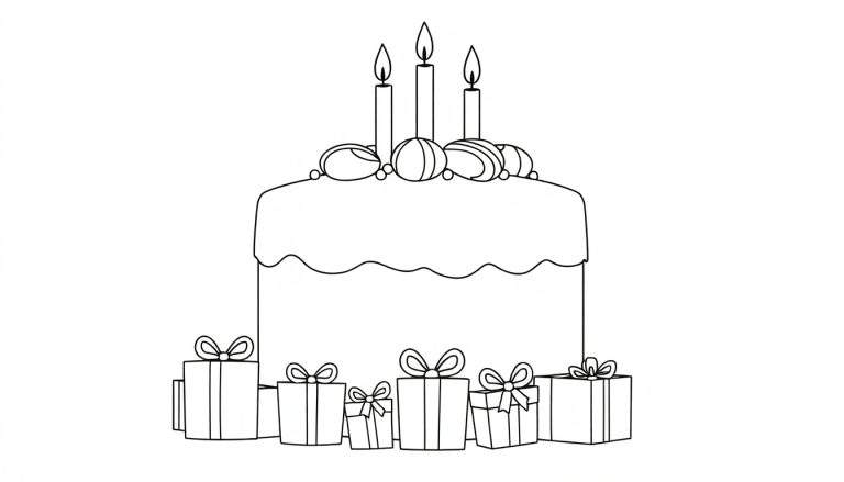 Desenho em preto e branco de um bolo de aniversário com três velas acesas e presentes embrulhados abaixo, estilo color panel infantil.
