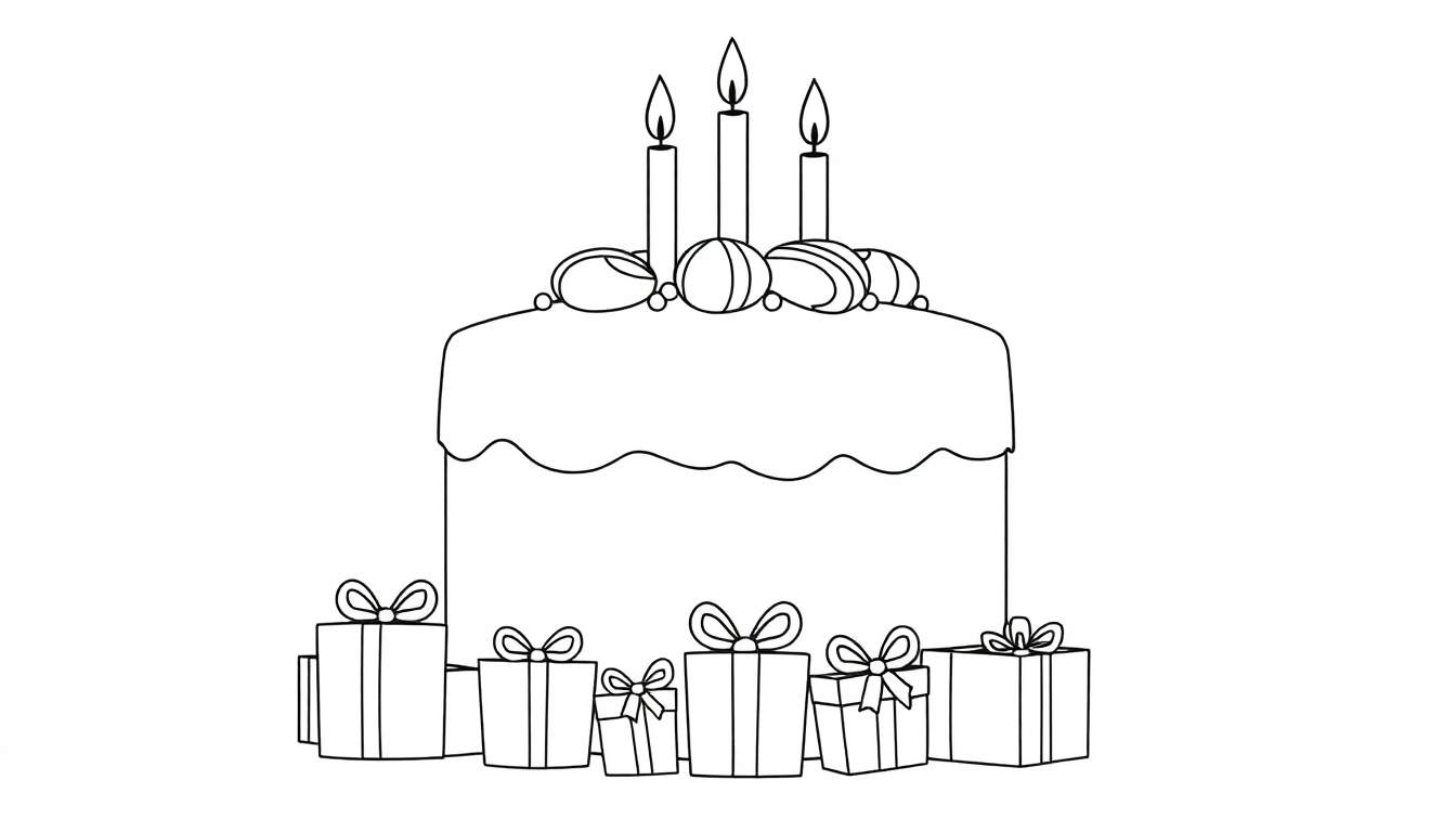 Desenho em preto e branco de um bolo de aniversário com três velas acesas e presentes embrulhados abaixo, estilo color panel infantil.