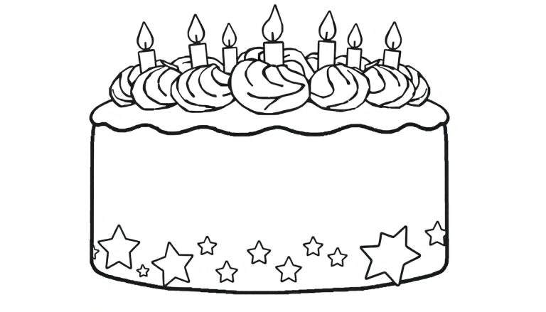 Um bolo de aniversário em preto e branco para colorir, com sete velas acesas e estrelas na base. A borda superior tem cobertura ondulada.