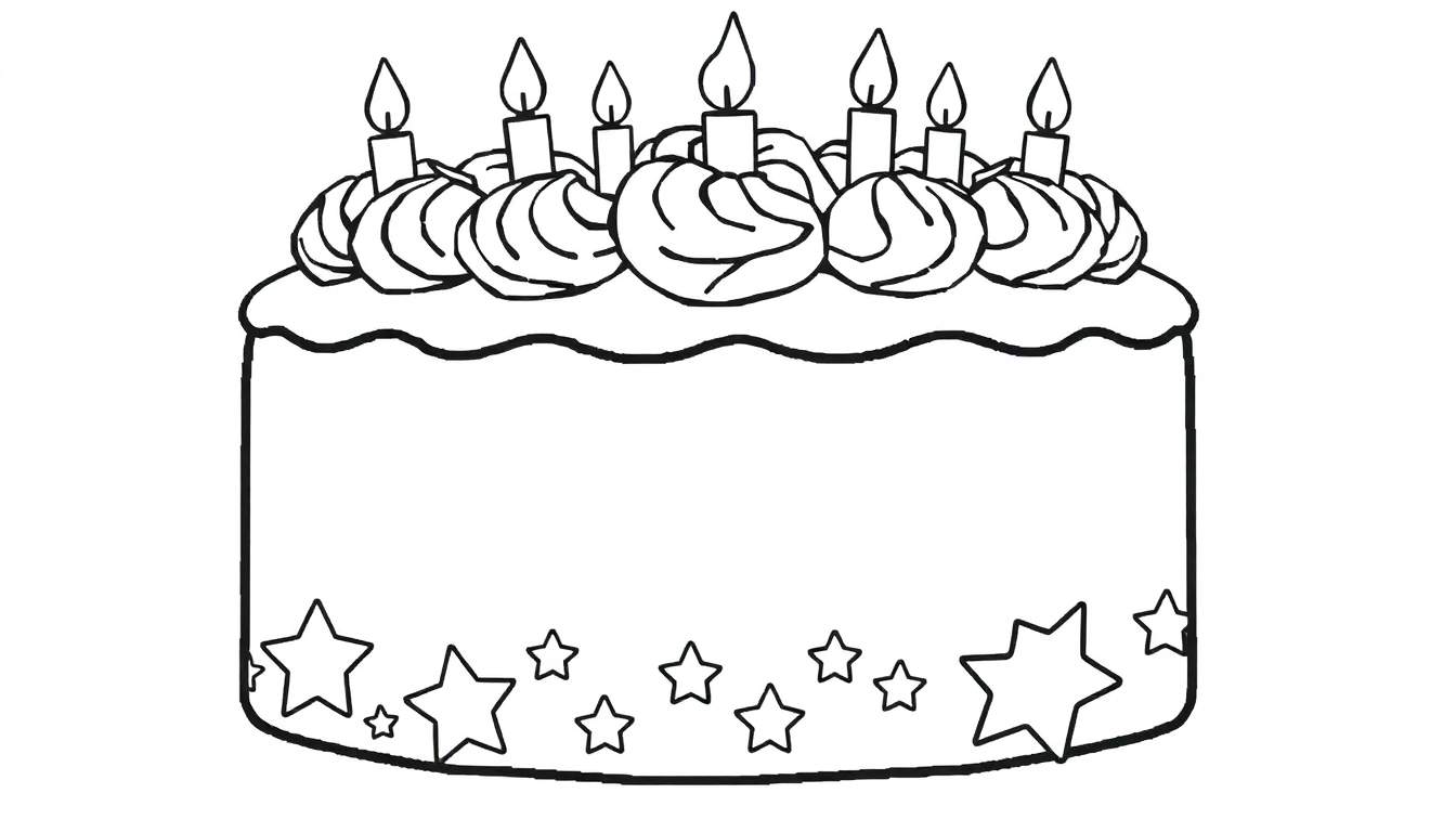 Um bolo de aniversário em preto e branco para colorir, com sete velas acesas e estrelas na base. A borda superior tem cobertura ondulada.