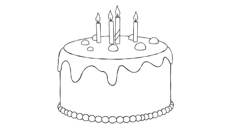 Um bolo de aniversário simples em preto e branco, pronto para ser colorido, com quatro velas e confeitos.