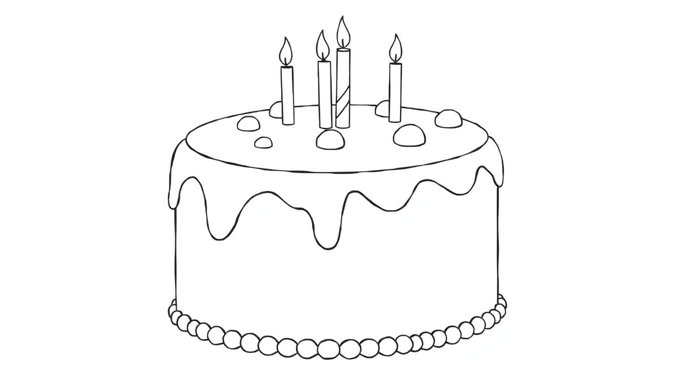 Um bolo de aniversário simples em preto e branco, pronto para ser colorido, com quatro velas e confeitos.