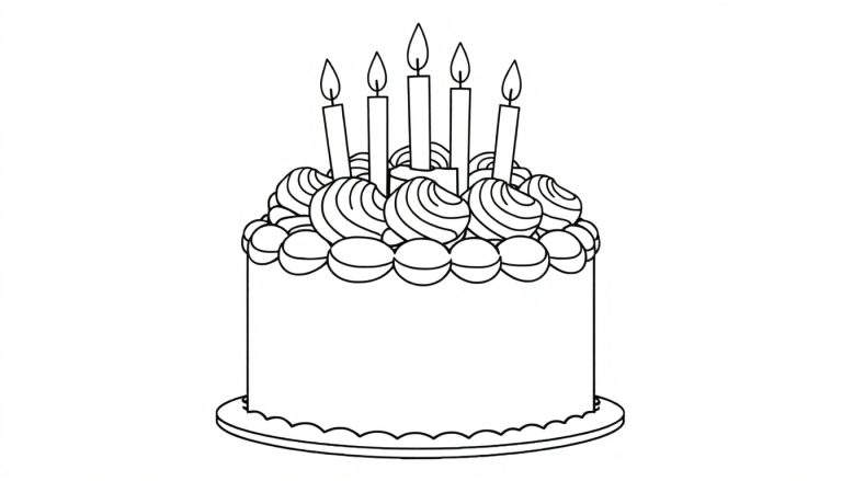 Desenho de um bolo de aniversário com cinco velas acesas e um color panel.