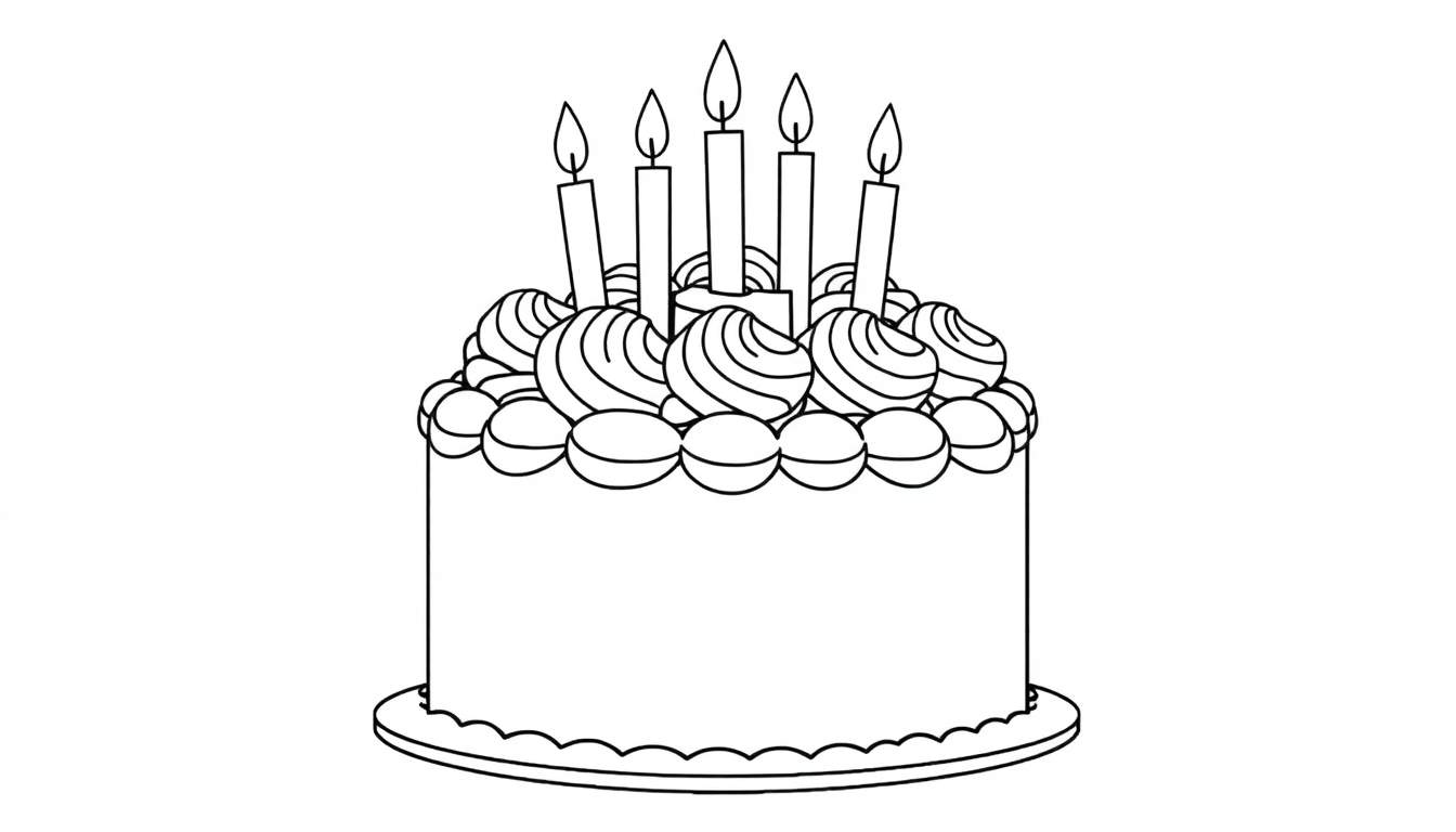 Desenho de um bolo de aniversário com cinco velas acesas e um color panel.