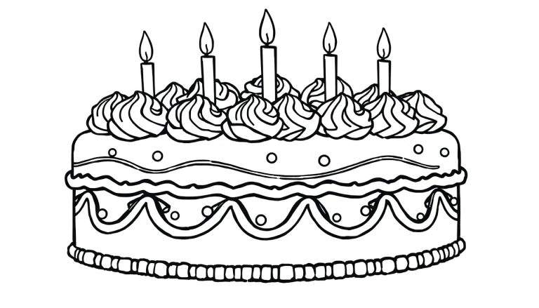 Um lindo bolo de aniversário de dois andares com cinco velas acesas no topo, decorado com glacê e detalhes de ondas e pontos. Inclui um color panel para personalização.