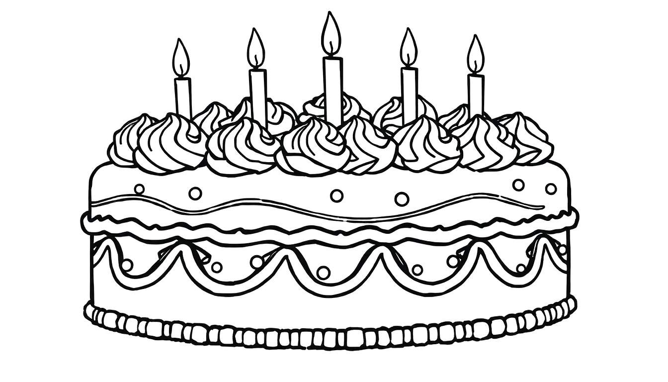 Um lindo bolo de aniversário de dois andares com cinco velas acesas no topo, decorado com glacê e detalhes de ondas e pontos. Inclui um color panel para personalização.