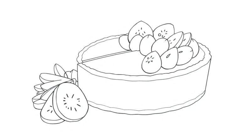 Um bolo redondo de kiwi em desenho de linha, com uma fatia removida e mais fatias de kiwi ao lado, tudo em preto e branco.