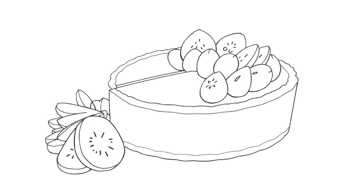 Um bolo redondo de kiwi em desenho de linha, com uma fatia removida e mais fatias de kiwi ao lado, tudo em preto e branco.