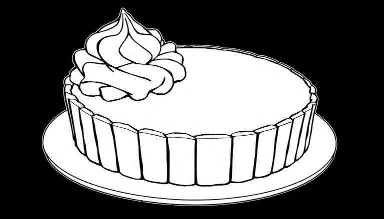 Desenho a preto e branco de um bolo redondo com decorações de creme no topo, pronto para colorir no color panel.