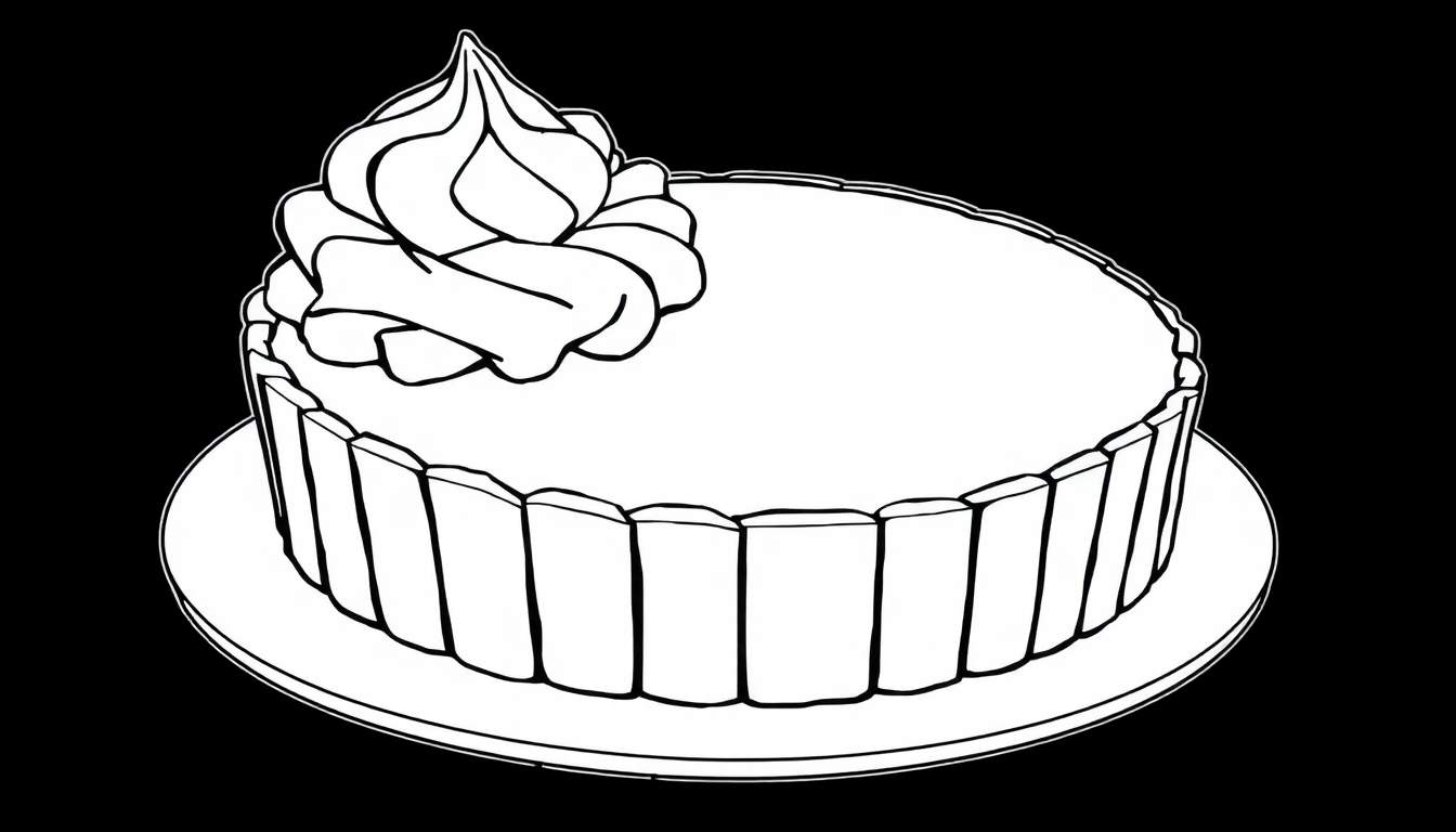 Desenho a preto e branco de um bolo redondo com decorações de creme no topo, pronto para colorir no color panel.