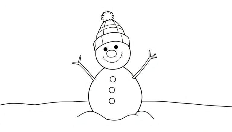 Um boneco de neve sorridente com um gorro listrado e braços de galho acenando, sobre um montinho de neve.