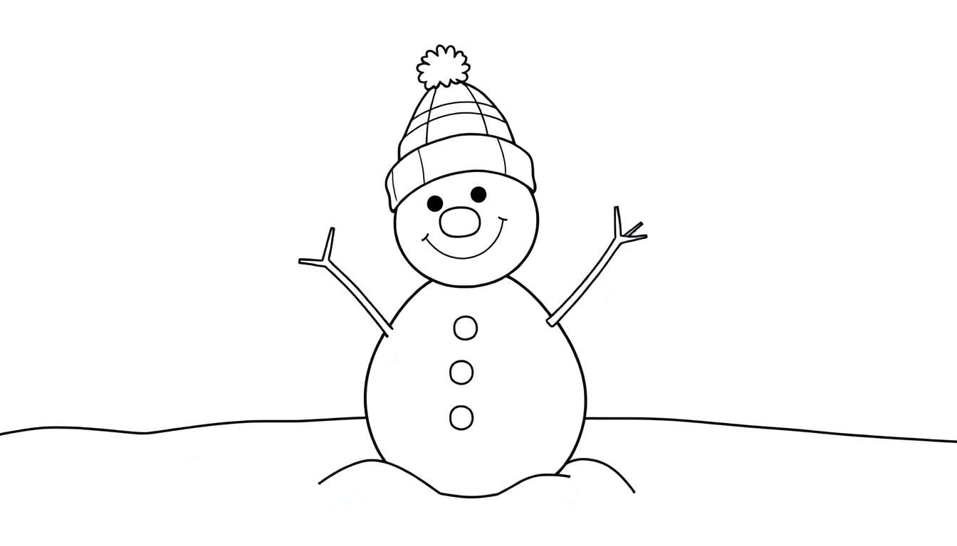 Um boneco de neve sorridente com um gorro listrado e braços de galho acenando, sobre um montinho de neve.