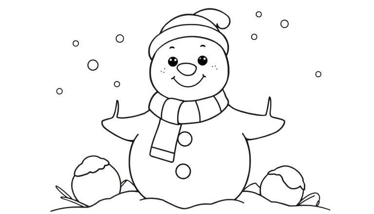 Um boneco de neve sorridente, em estilo de desenho, com chapéu e cachecol, cercado por flocos de neve, pronto para colorir no color panel.