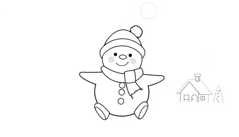 Um desenho em preto e branco de um boneco de neve fofo com chapéu e cachecol, pronto para ser colorido em um color panel.