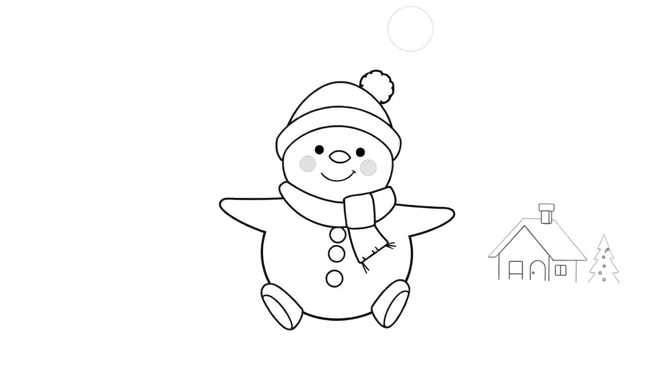 Um desenho em preto e branco de um boneco de neve fofo com chapéu e cachecol, pronto para ser colorido em um color panel.