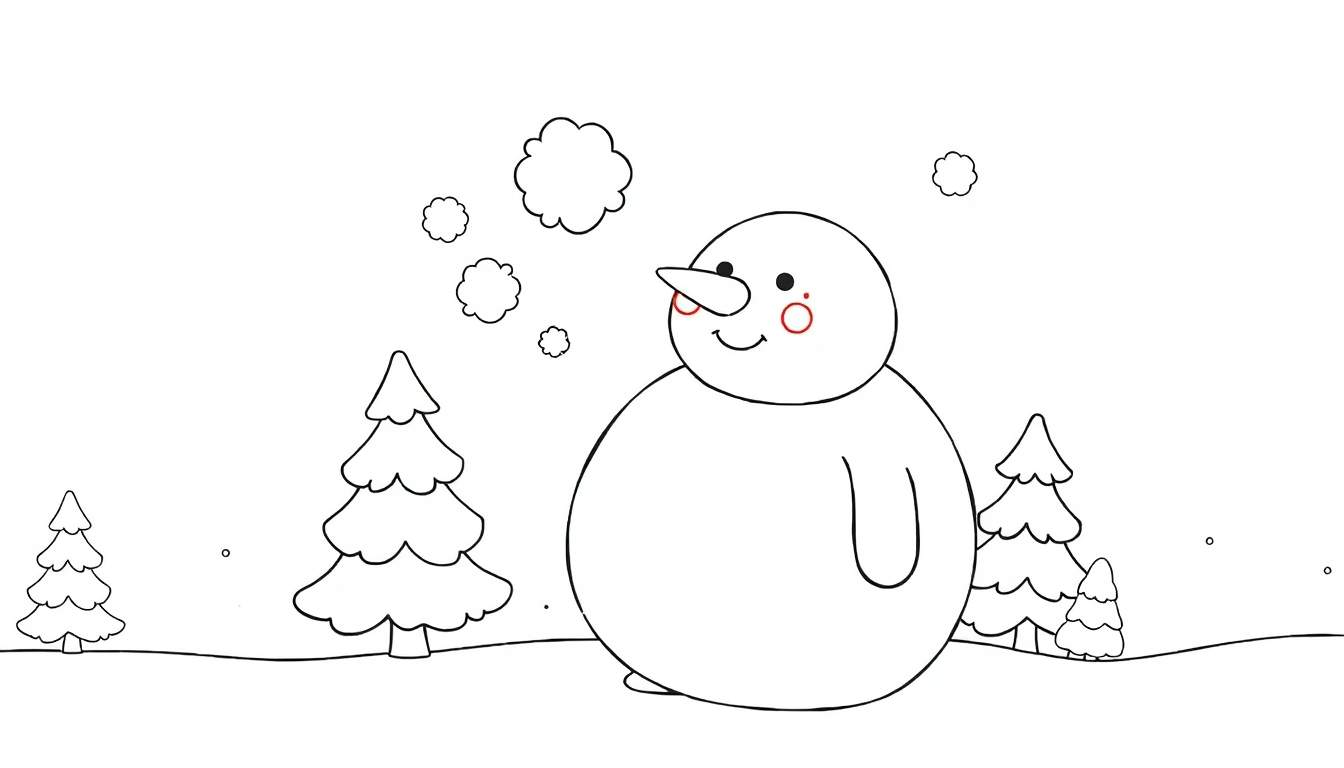 Um desenho a preto e branco de um boneco de neve amigável numa paisagem de inverno com pinheiros.