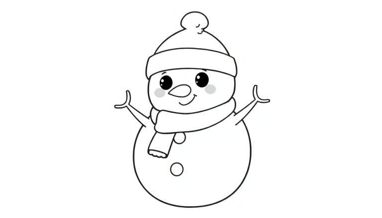 Boneco de neve sorridente em preto e branco, com chapéu, cachecol, braços estendidos e nariz de cenoura, pronto para colorir em um painel de cores.