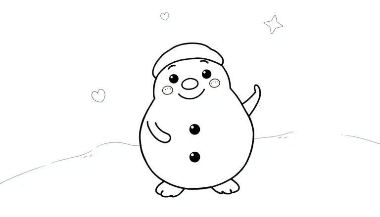 Um boneco de neve sorridente de desenho animado com um chapéu e três botões pretos, em pé na neve, com um pequeno coração e uma estrela ao fundo.
