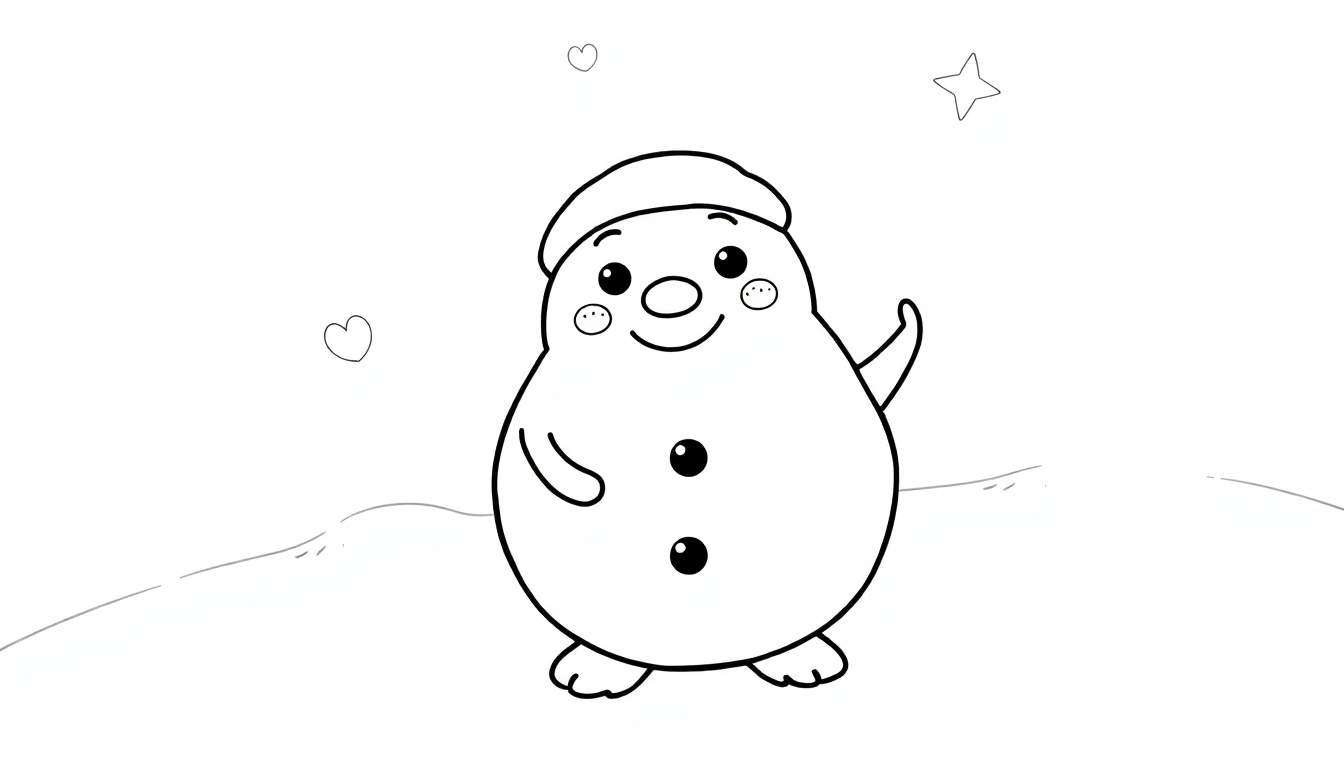 Um boneco de neve sorridente de desenho animado com um chapéu e três botões pretos, em pé na neve, com um pequeno coração e uma estrela ao fundo.