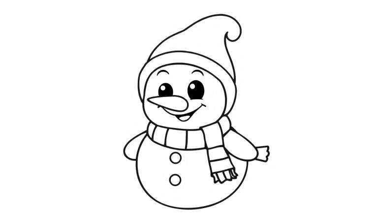 Um boneco de neve simples em um painel de cores com contorno preto, usando um chapéu pontudo e um cachecol, com um sorriso amigável.