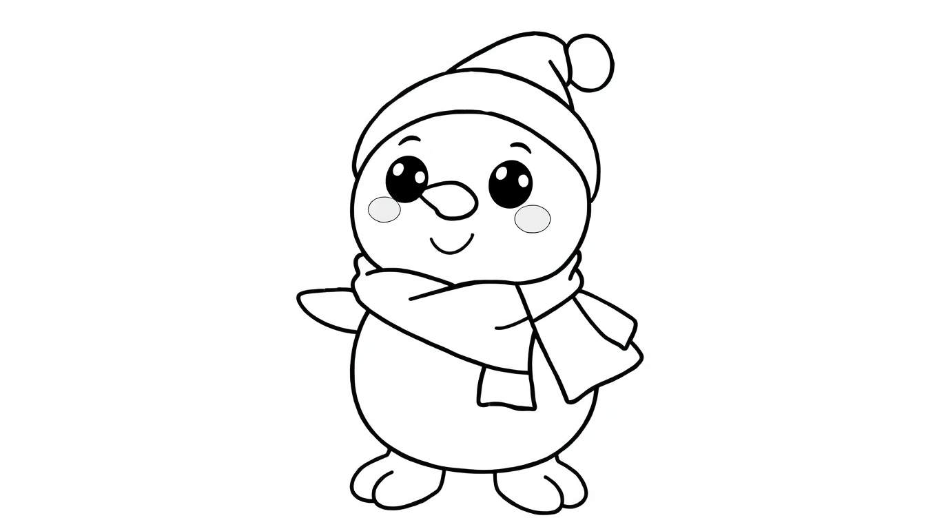Um desenho fofo em preto e branco de um boneco de neve sorridente com um chapéu e cachecol.