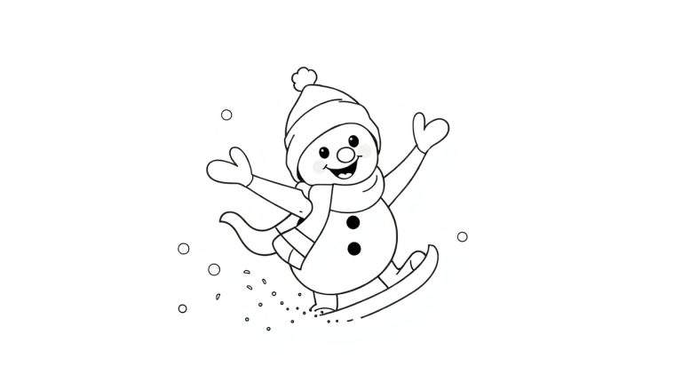 Um boneco de neve sorridente patinando no gelo, com chapéu, cachecol e luvas em forma de coração, cercado por flocos de neve.