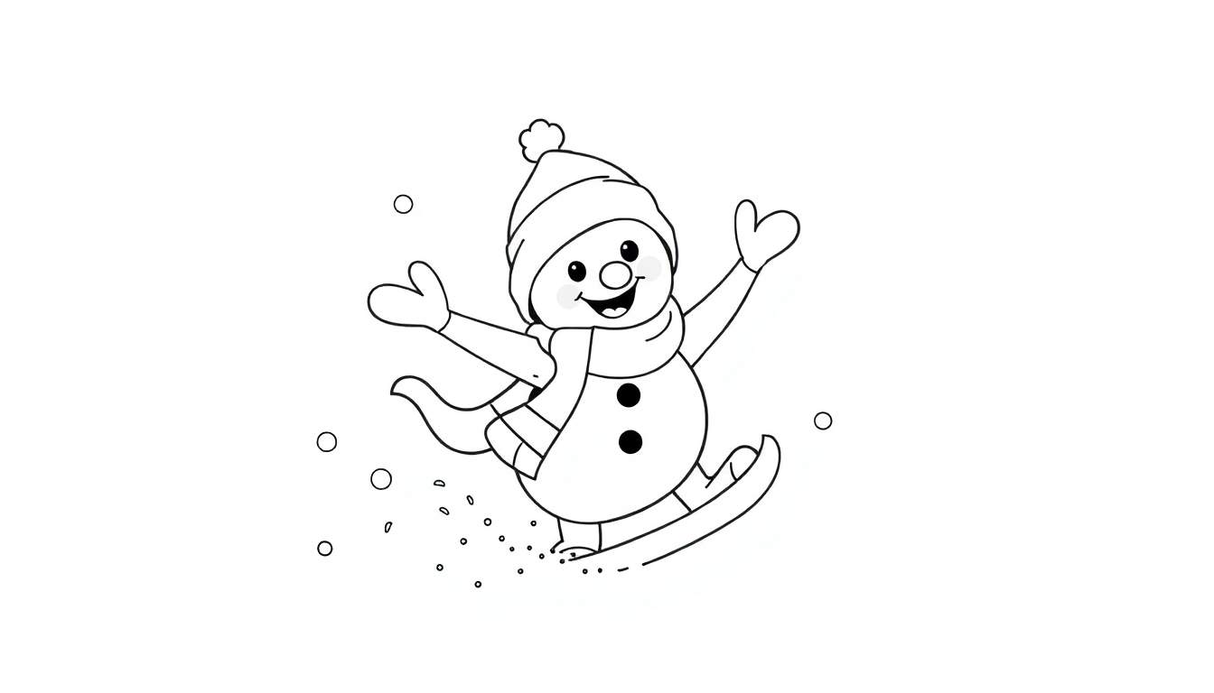 Um boneco de neve sorridente patinando no gelo, com chapéu, cachecol e luvas em forma de coração, cercado por flocos de neve.