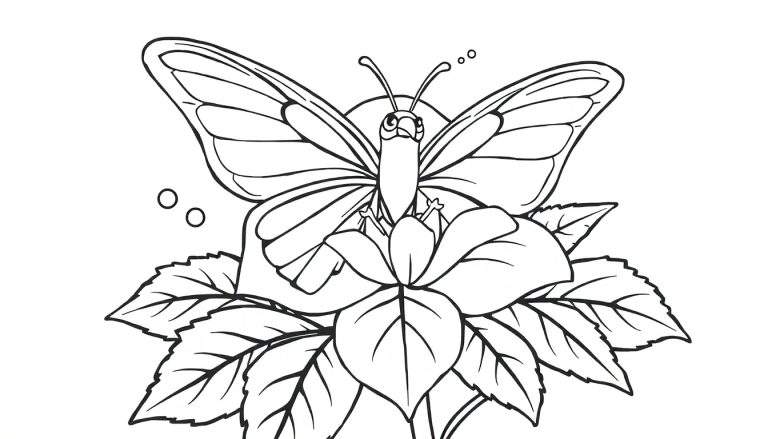 Desenho em preto e branco de uma borboleta em uma flor, pronto para colorir. Um color panel ideal para crianças.