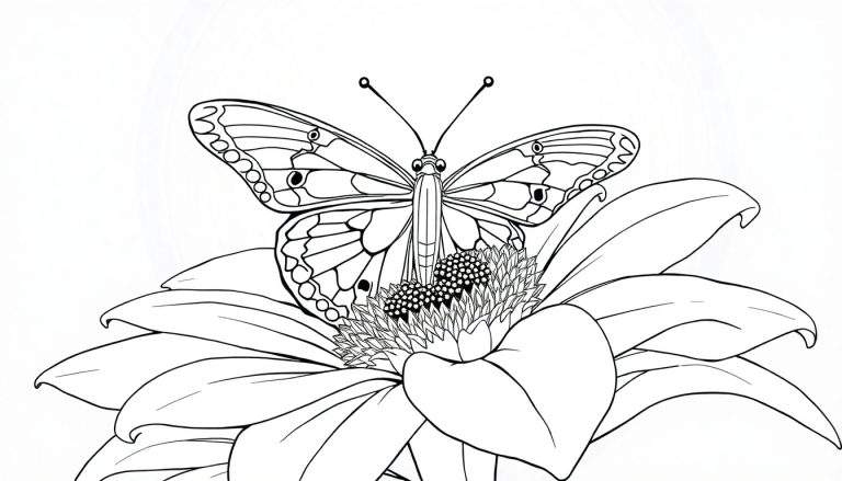 Desenho em preto e branco de uma borboleta detalhada pousada em uma flor grande, ambas prontas para colorir no color panel.
