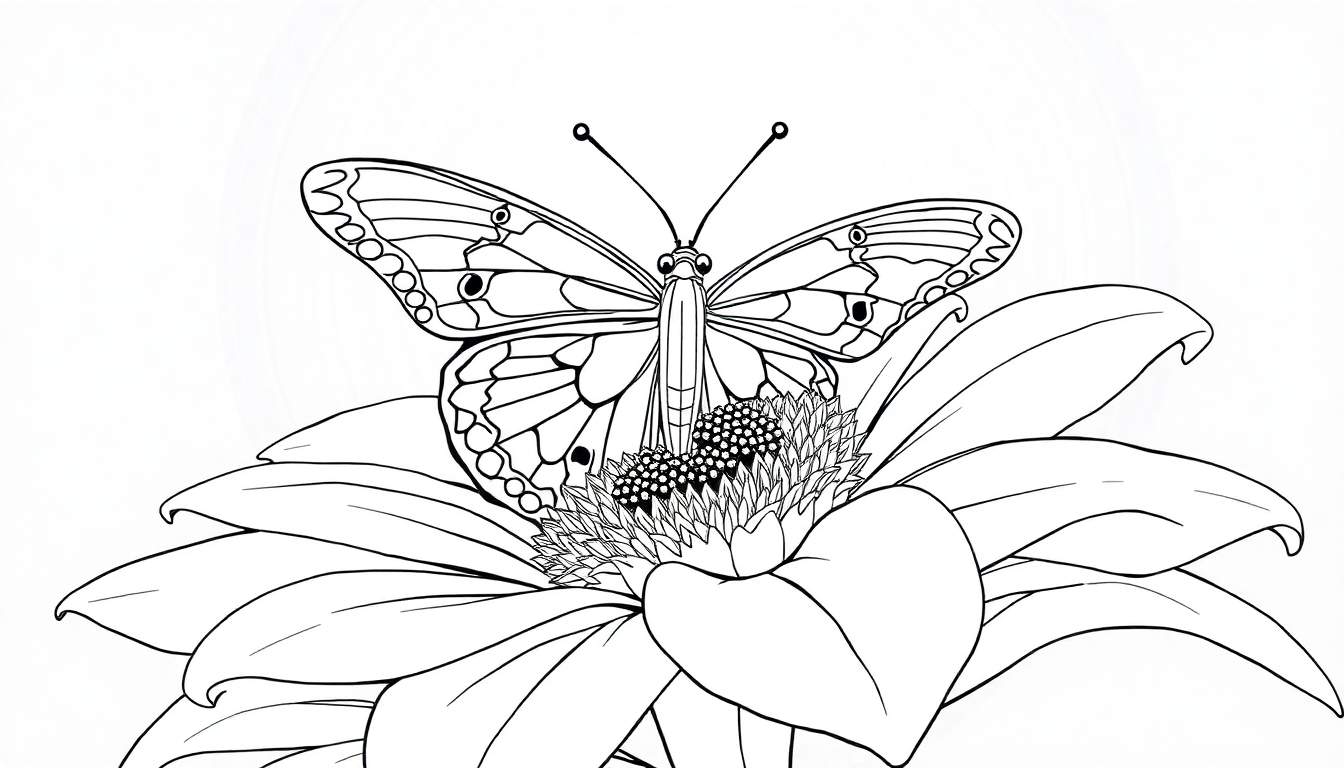 Desenho em preto e branco de uma borboleta detalhada pousada em uma flor grande, ambas prontas para colorir no color panel.